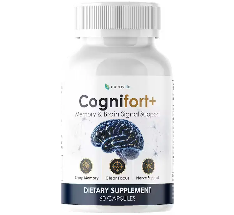 CogniFort Plus supplement bottle side label showing 60 capsules